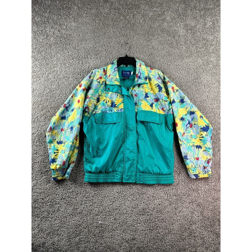 VINTAGE 90s Duckster Jacket Womens M Green Floral Sunburst Nylon Windbreaker